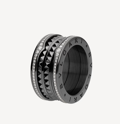 [AuraEcho]ZERO 1 ROCK FOUR-BAND BLACK CERAMIC WITH STUDDED SPIRAL AND PAVED DIAMONDS RING
