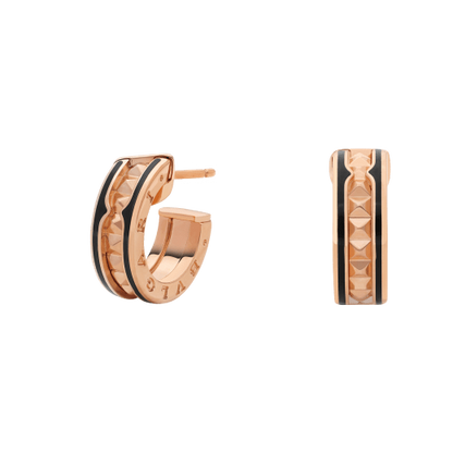 [AuraEcho]ZERO 1 ROCK PINK GOLD EARRINGS WITH STUDDED SPIRAL AND BLACK CERAMIC
