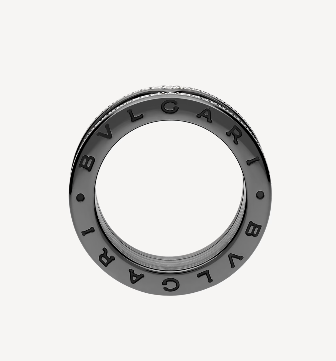 [AuraEcho]ZERO 1 ROCK FOUR-BAND BLACK CERAMIC WITH STUDDED SPIRAL AND PAVED DIAMONDS RING